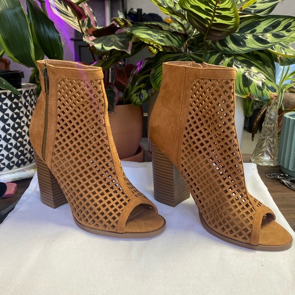 Charlotte Russe open toe brown faux suede mesh booties - Picture 2 of 8